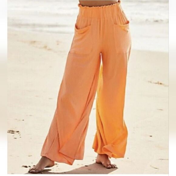 Free People Movememt Orange Ribbed Wide Leg Pants Size Small - Picture 1 of 15